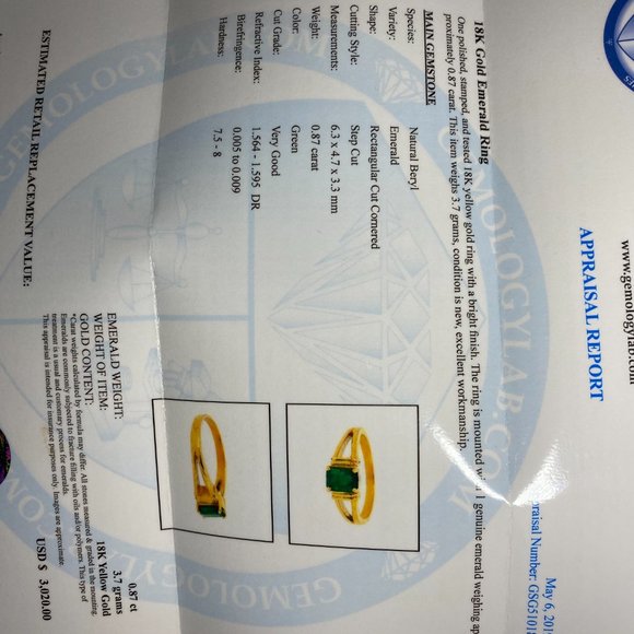 Certified Emerald .87ct Solid 18K Yellow Gold Ring - Picture 8 of 8